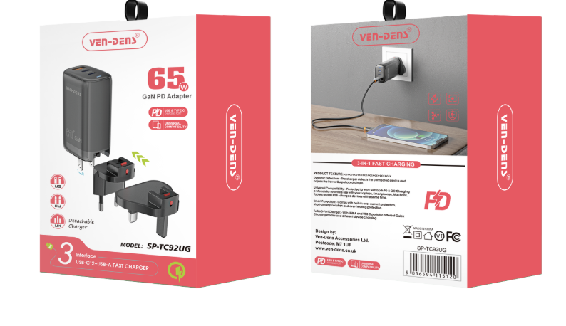 65W GaN Charger USB & Type-C 3 in 1 Multi Port Charger Folding Plug Detachable Charger